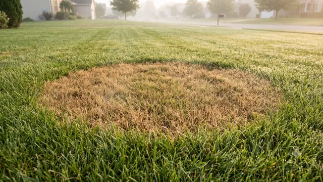 Circular brown patch disease ring spreading in a green lawn
