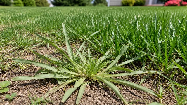 A crabgrass clump fanning outward low against bare soil in an otherwise upright lawn, with finger-like seedheads