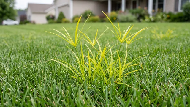 Yellow nutsedge standing taller than mowed turf, with a callout showing its triangular stem and the underground tubers that let it regrow